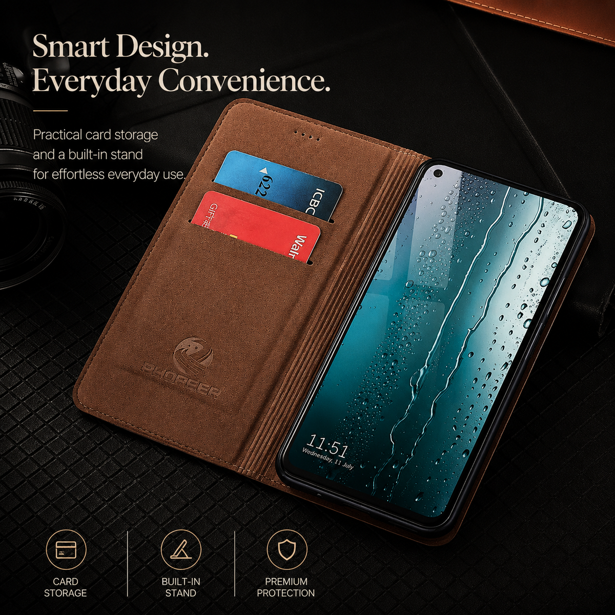 An open tan wallet lies on black, with blue and red cards in the left flap and a phone showing a rainy blue screen on the right. Text reads Smart Design. Everyday Convenience, with card-storage and stand labels.