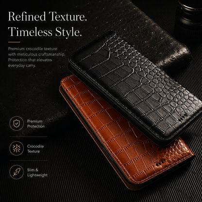 Black and tan crocodile-pattern wallets overlap on dark ribbed material. Text reads Refined Texture. Timeless Style, beside protection, texture and profile labels.