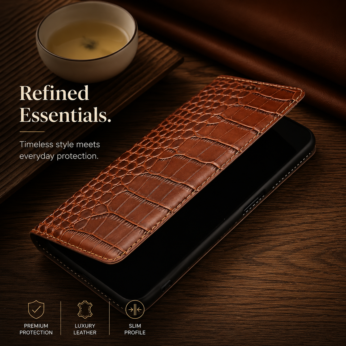 A tan crocodile-pattern wallet lies partly open over a black phone on dark wood beside a bowl candle. Text reads Refined Essentials, with protection, leather and slim-profile labels.