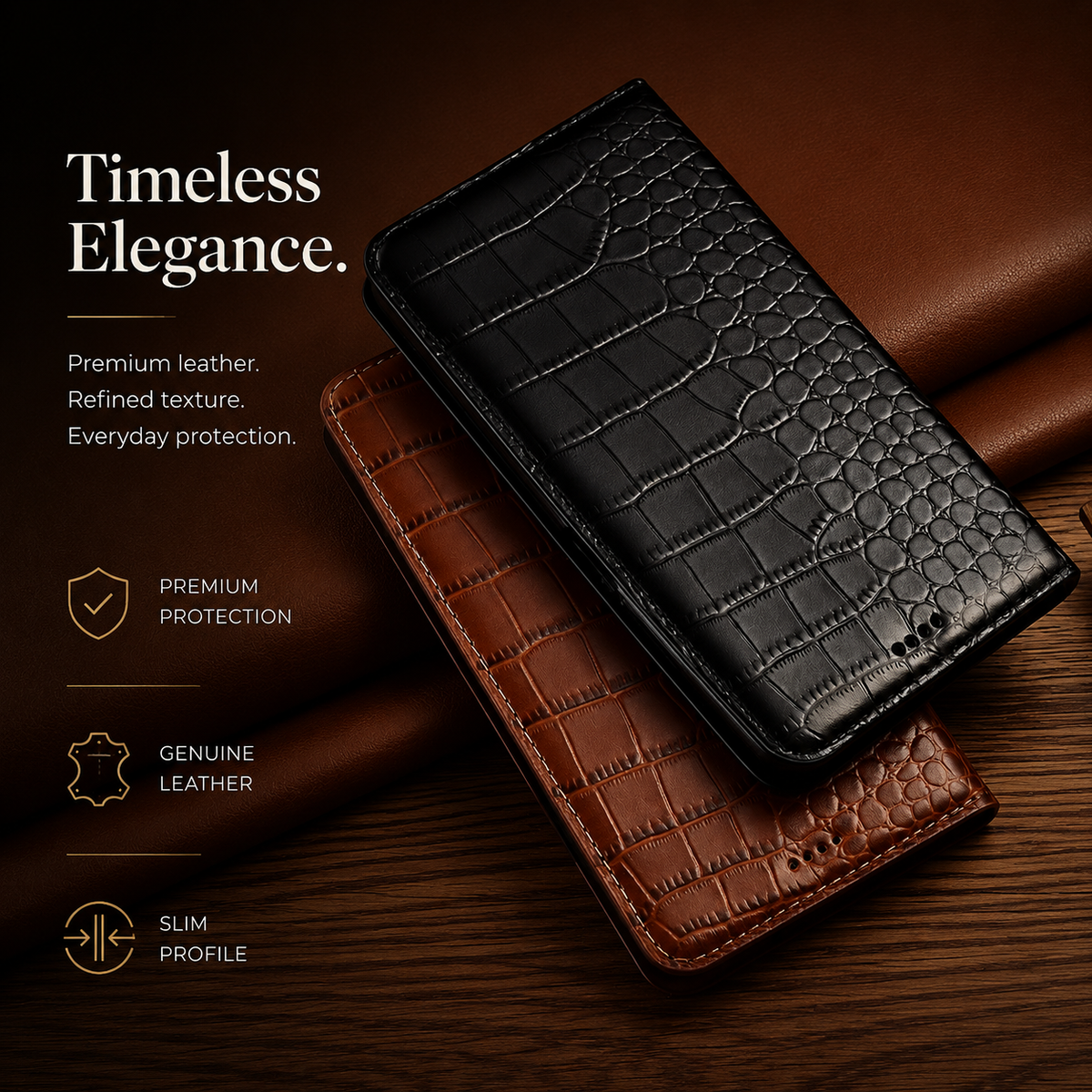 Black and tan crocodile-pattern wallets overlap on dark wood near brown fabric. Their glossy raised scales and stitched edges face upward. Text reads Timeless Elegance.