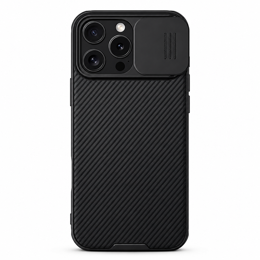 A black case stands upright on white with diagonal ridges across its back. Its rectangular camera cover slides to the right, exposing three lenses; three short grooves mark the cover.