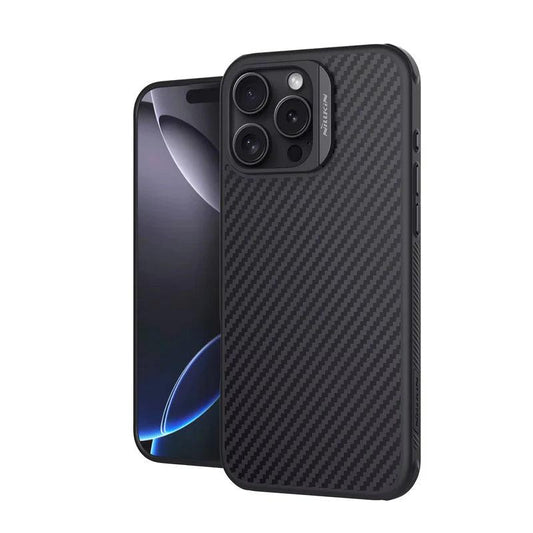 Front and rear views of a black diagonal-weave case stand on white. A black accent strip runs beside its camera panel, which has individually outlined lens openings. The slim black rim contains covered side buttons, while the front screen displays curved blue and gray light against black.