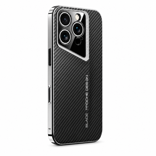 A black phone case stands upright against white, with diagonal carbon-fiber-style lines, silver edges and a slanted silver camera surround enclosing three lenses. Small silver lettering runs down the patterned back.