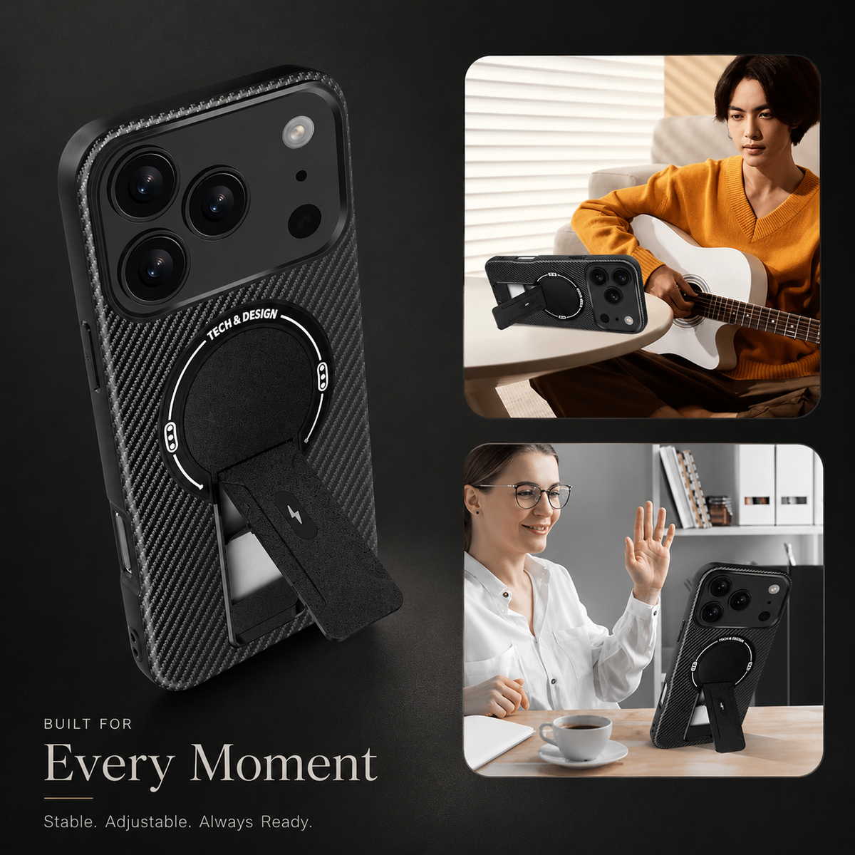 Black case with its rectangular stand extended beside two lifestyle photos showing a person playing guitar and a person waving during a video call.