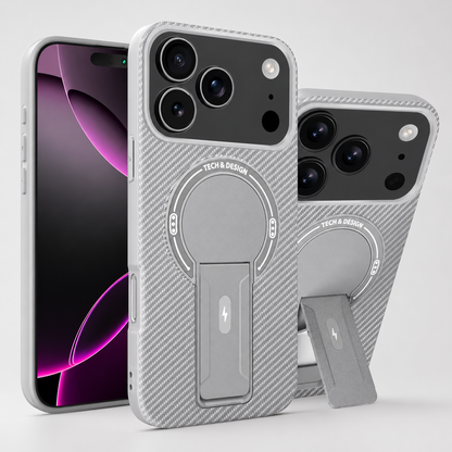 Silver-white carbon-fiber-pattern case shown from front and rear, with a circular back panel and rectangular kickstand shown closed and extended.