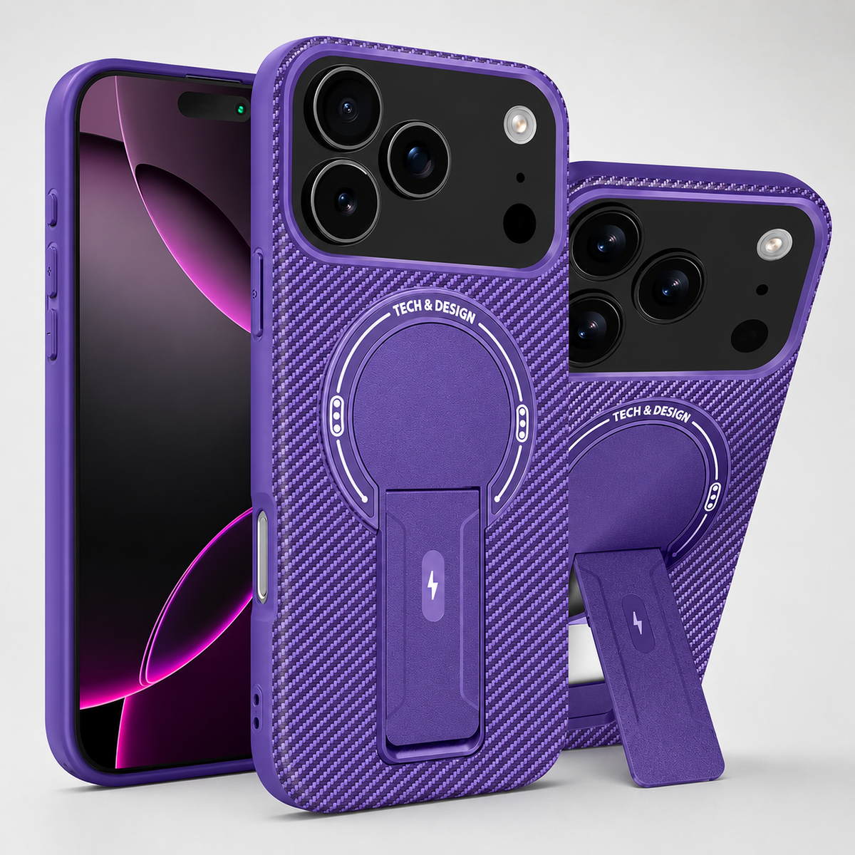 Purple carbon-fiber-pattern phone case shown front and rear, with a circular back panel and rectangular kickstand shown folded and open.