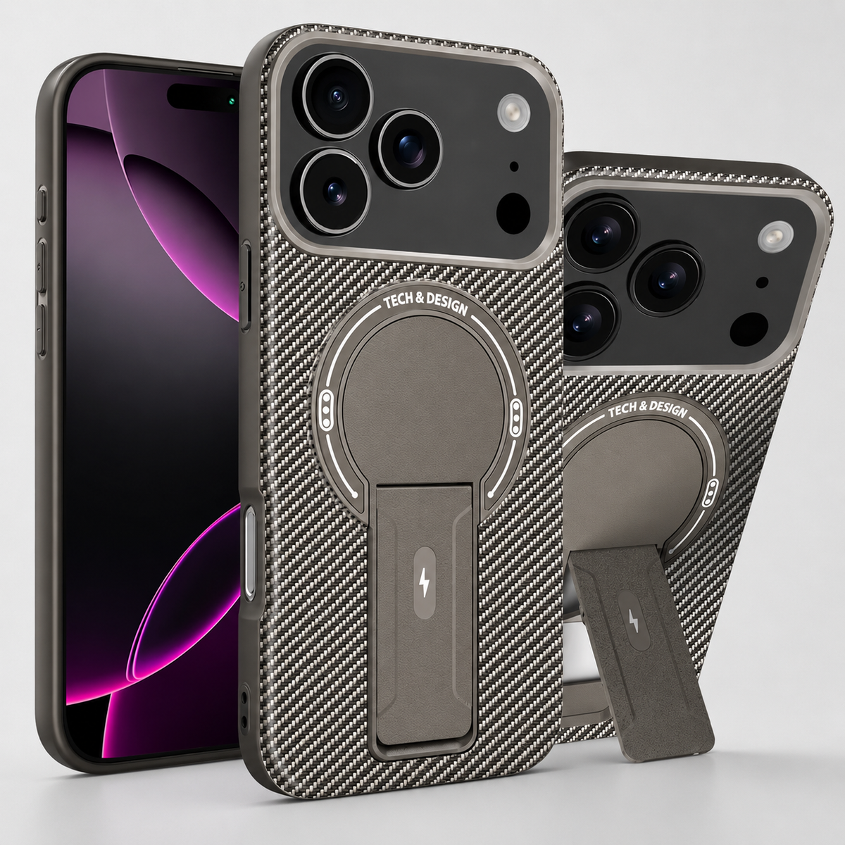 Gray carbon-fiber-pattern case in front and rear views, with a circular back panel and rectangular folding stand shown closed and extended.