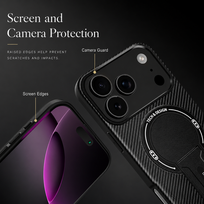 Close-up of a black carbon-fiber-pattern case's camera and screen edges, with labels pointing to the camera guard and raised screen border.