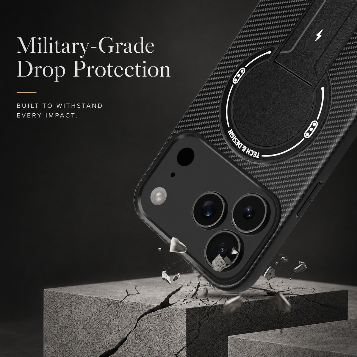 Illustration of a black carbon-fiber-pattern phone case striking a cracked concrete block. Text advertises military-grade drop protection.