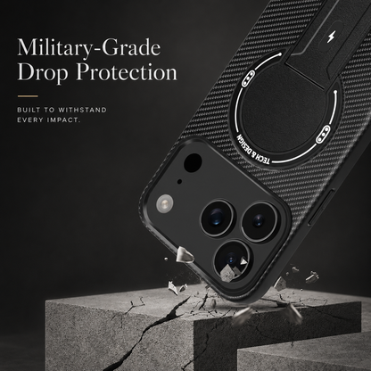 Illustration of a black carbon-fiber-pattern phone case striking a cracked concrete block. Text advertises military-grade drop protection.