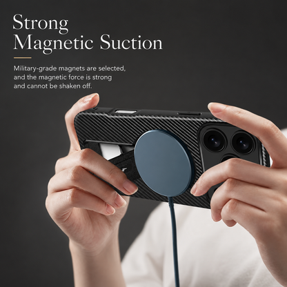 Hands hold a black carbon-fiber-pattern phone case horizontally with a round wired charging puck attached. Text advertises magnetic attachment.