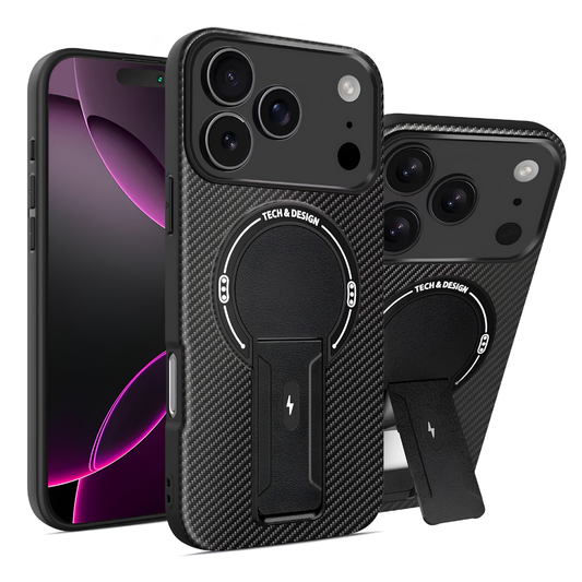 Black carbon-fiber-pattern phone case shown from the front and rear, with a circular back panel and a rectangular folding kickstand shown closed and extended.
