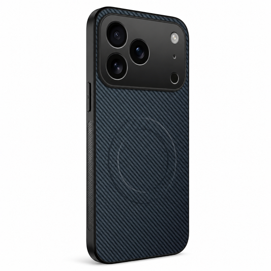 A dark blue phone case stands against white, showing diagonal woven-style texture, a faint rear ring and broad matte black camera panel.