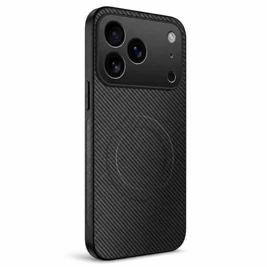 A black phone case stands against white with a fine diagonal carbon-fiber-style back, faint circular rear ring and broad matte black camera panel.