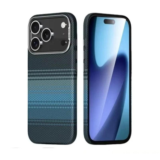 Rear and front views of a blue-and-black case stand on white. Blue horizontal bands cross its fine woven-looking rear pattern beneath a black camera surround.