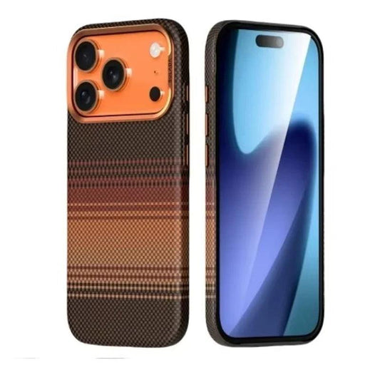 Rear and front views of an orange-and-black case stand on white. Its back has a fine woven checker pattern with horizontal orange bands and a bright orange three-lens camera surround.