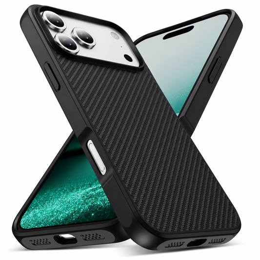 Front and rear views show a black case with a diagonal carbon-weave-style back, raised camera rim and separate silver-colored side control. The phones cross at opposing angles.