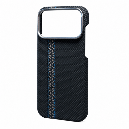 An empty black diagonally textured case stands on white, with a broad camera opening and a thin blue patterned vertical stripe.