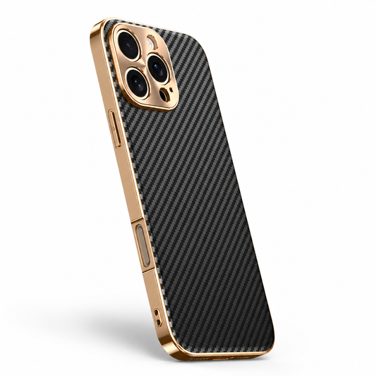 Black carbon-fiber-pattern case stands diagonally against white, with a reflective gold-colored frame and raised matching camera panel around three exposed lenses.