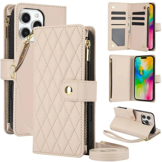 Several views of a cream quilted wallet phone case on white. Diamond stitching covers the zippered outer cover, which closes with a gold snap tab. A matching wrist strap lies below. Smaller views show the open card slots and clear ID pocket, phone screen and folded horizontal stand position.