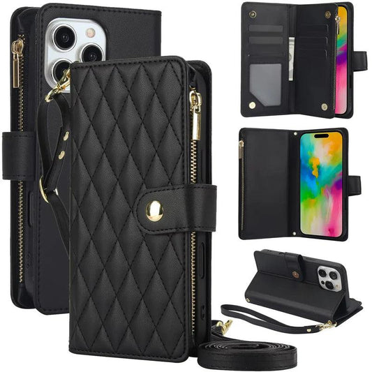 Several views of a black quilted wallet phone case on white. Diamond stitching covers the zippered outer cover, which closes with a gold snap tab. A matching wrist strap lies below. Smaller views show the open card slots and clear ID pocket, phone screen and folded horizontal stand position.