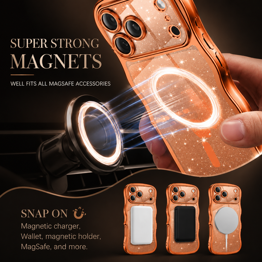 A hand holds the orange glitter case near a circular magnetic mount, with glowing rings illustrating attachment. Smaller examples show battery, wallet and charger accessories.