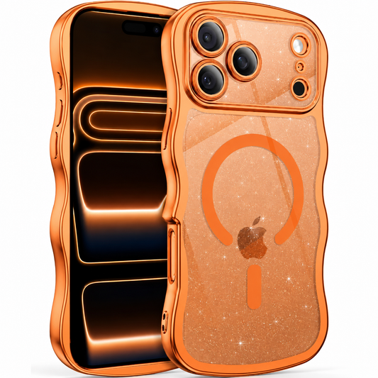 Front and rear views show an orange-edged transparent glitter case with a wavy outline. An orange magnetic-circle design surrounds the visible Apple logo.