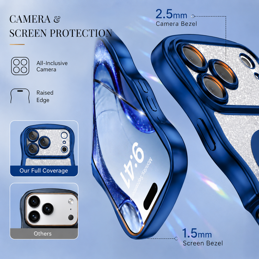 Close front and rear views of a blue case illustrate raised edges, labeled 2.5 mm around the camera and 1.5 mm at the screen.