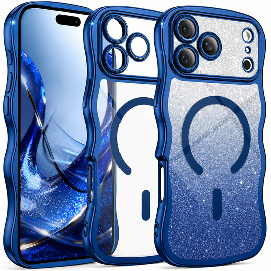 Front, empty-shell and rear views show a blue wavy-edged transparent case. The installed phone has a silver glitter insert beneath a blue circular magnetic design.