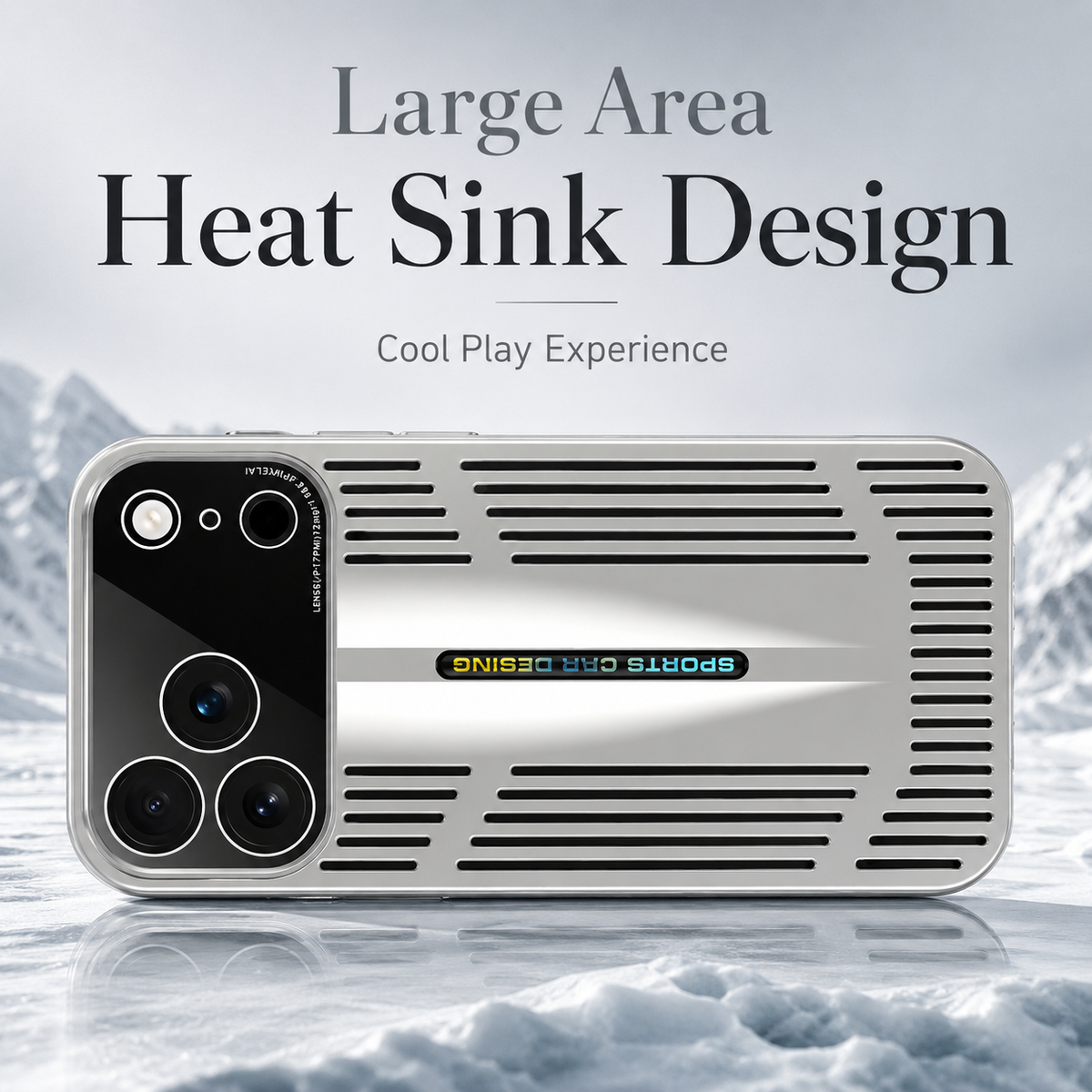A silver slotted case rests horizontally on a reflective surface in a snowy mountain setting. Text advertises a large-area heat sink.