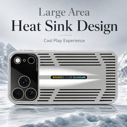 A silver slotted case rests horizontally on a reflective surface in a snowy mountain setting. Text advertises a large-area heat sink.