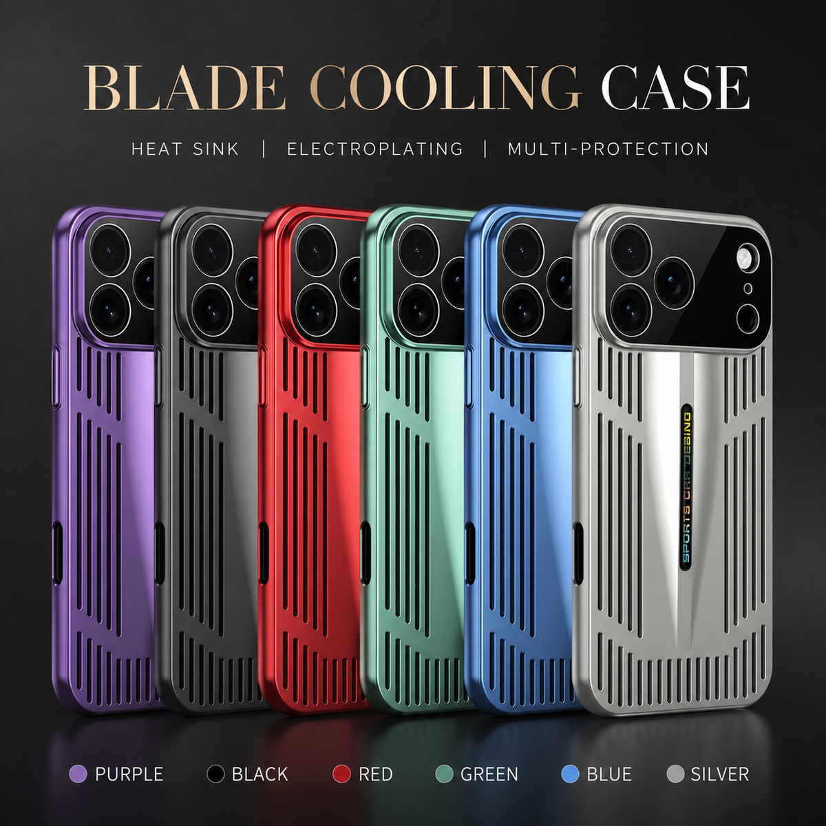 Purple, black, red, green, blue and silver slotted cases stand in a row, labeled by color. Text advertises cooling, a plated finish and protection.