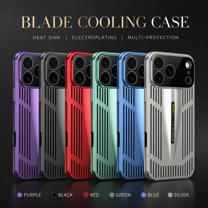 Purple, black, red, green, blue and silver slotted cases stand in a row, labeled by color. Text advertises cooling, a plated finish and protection.