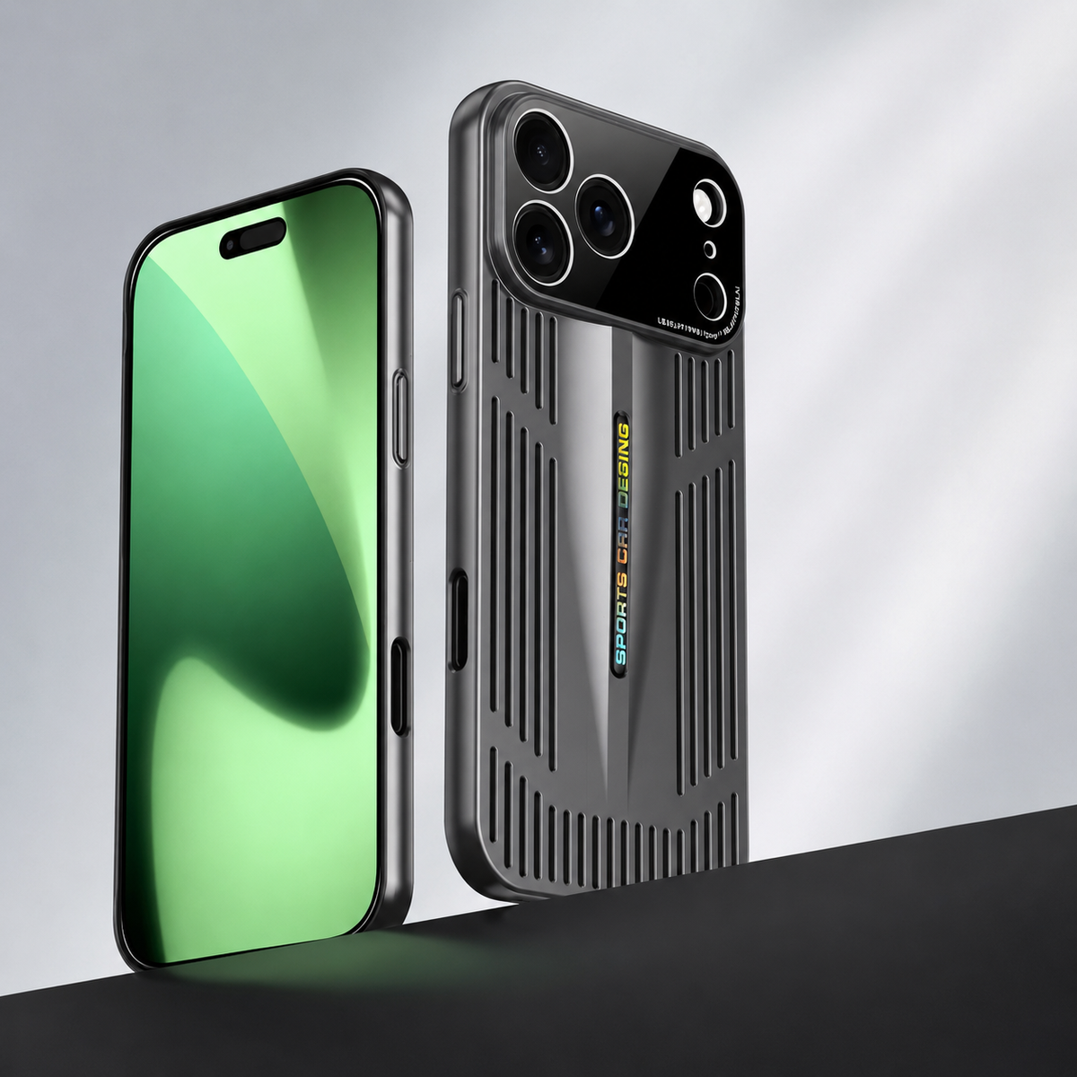 Front and rear views show a black slotted case on a curved dark platform. A green screen graphic contrasts with the black camera panel and vent-like back pattern.