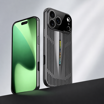 Front and rear views show a black slotted case on a curved dark platform. A green screen graphic contrasts with the black camera panel and vent-like back pattern.