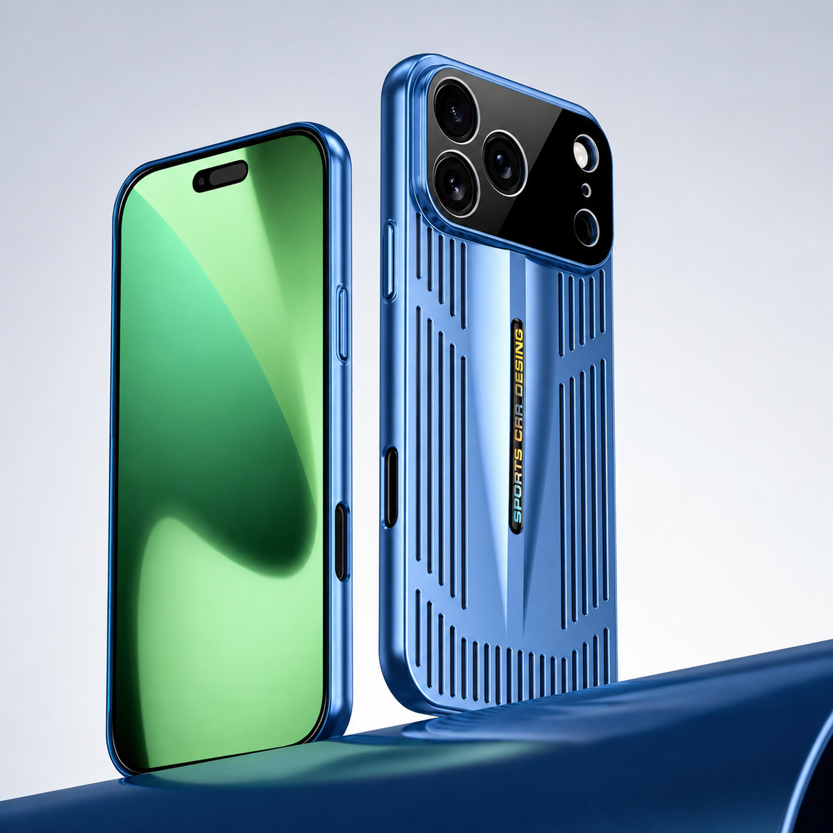 Front and rear views show a blue slotted case on a blue curved platform, with a broad black camera panel and green screen graphic.