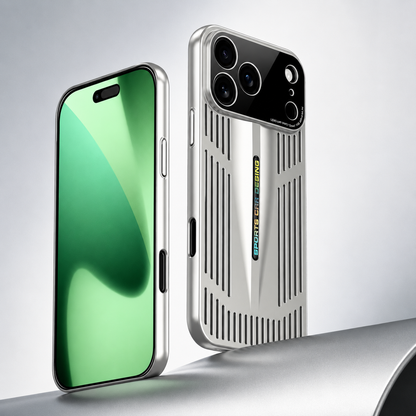 Front and rear views show a silver slotted case on a pale curved surface. Long slots flank the tapered center ridge below the glossy camera panel.