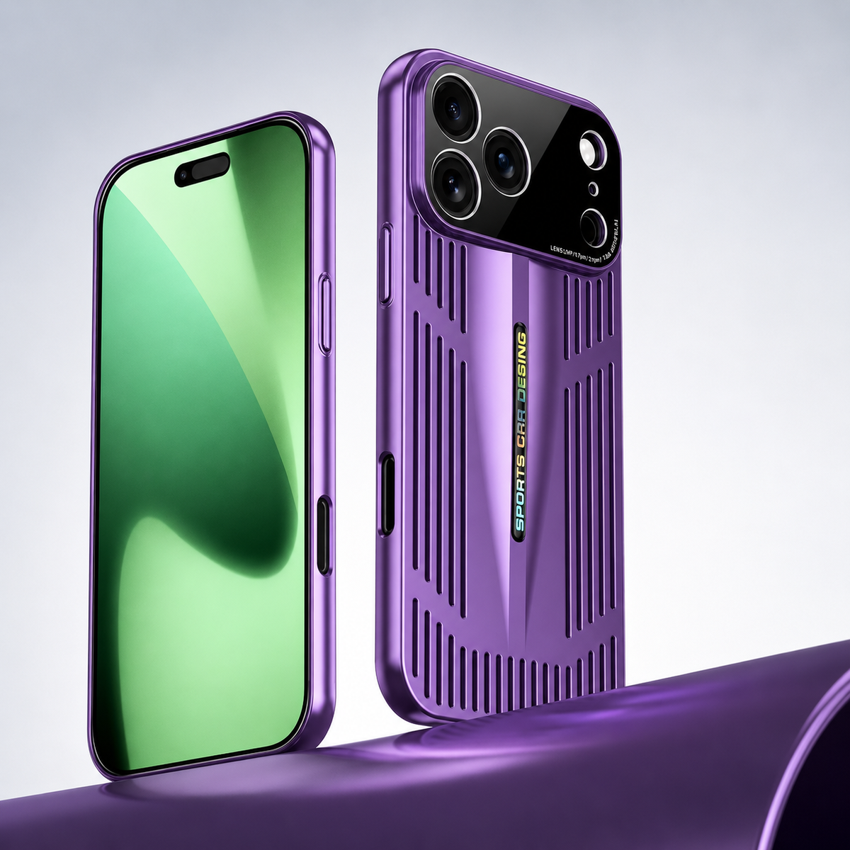 Front and rear views show a purple slotted case on a purple curved platform, with a broad black camera panel and narrow back openings.
