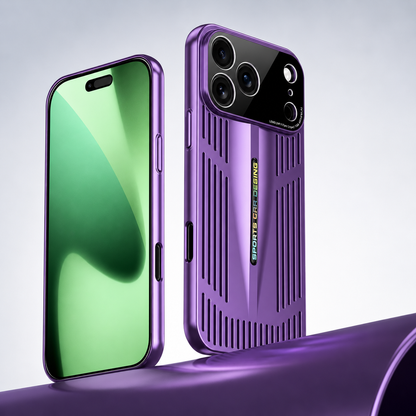 Front and rear views show a purple slotted case on a purple curved platform, with a broad black camera panel and narrow back openings.