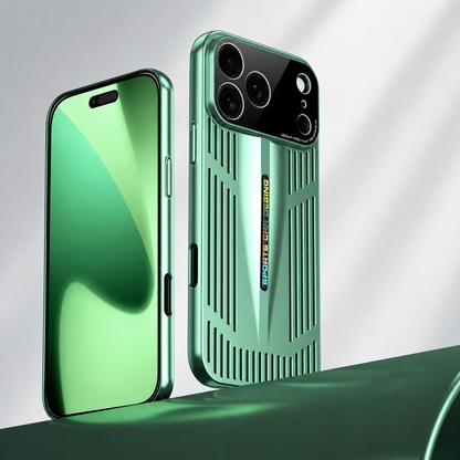Front and rear views show a green slotted case on a curved green platform. Its tapered central strip divides the long narrow openings.