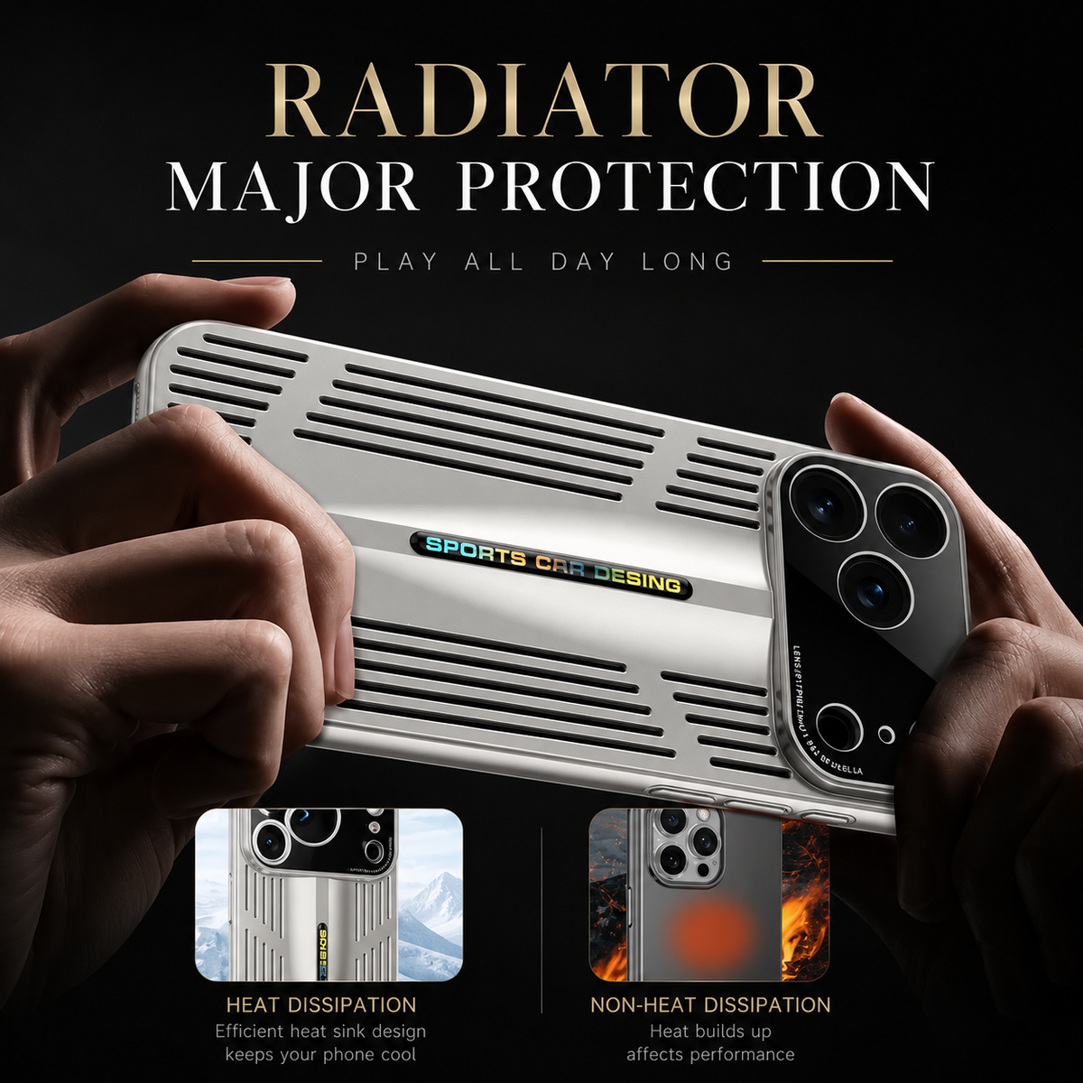Two hands hold a silver slotted case horizontally, with comparison insets illustrating advertised heat dispersion versus heat buildup.