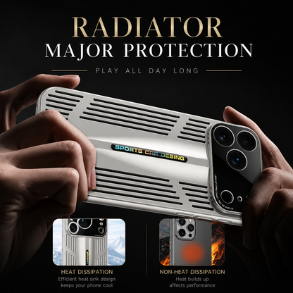 Two hands hold a silver slotted case horizontally, with comparison insets illustrating advertised heat dispersion versus heat buildup.
