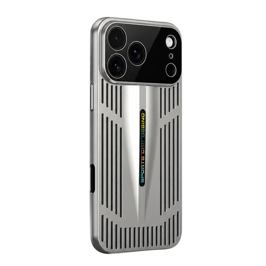 A silver case stands against white, showing a broad glossy black camera panel, long narrow slots and a tapered central ridge with small colorful lettering.