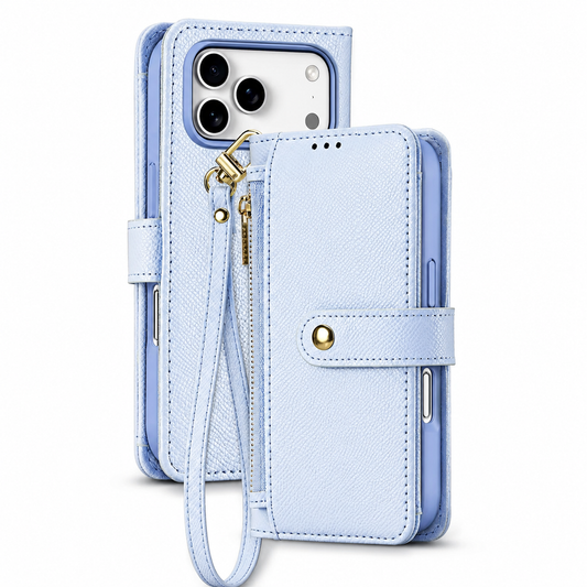 Front and rear views show a pale blue textured flip-wallet case with a gold-colored zipper, snap-tab closure and matching wrist strap.