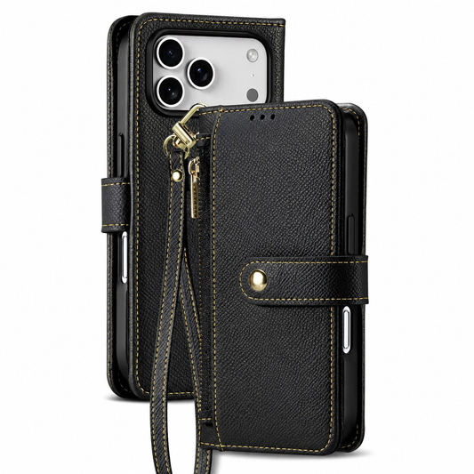 Front and rear views show a black textured flip-wallet case with gold-colored zipper, snap-tab closure and attached wrist strap. Yellow-brown stitching follows the borders.