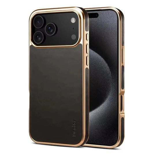 Front and rear views of a dark gray leather-look phone case stand on white. Gold-colored trim outlines the edges and broad camera panel.