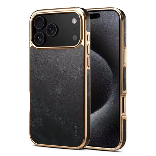 Front and rear views of a black leather-look phone case stand on white. Gold-colored trim outlines the edges and broad camera panel, with textured black material covering the back.