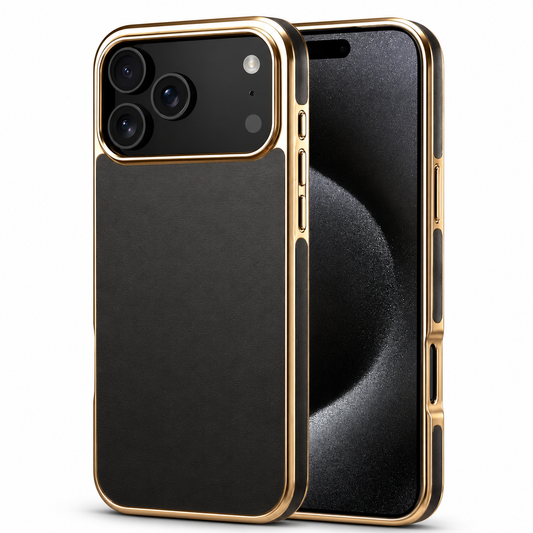 Front and rear views of a dark gray leather-look phone case stand on white, showing gold-colored edge trim and a broad camera panel.