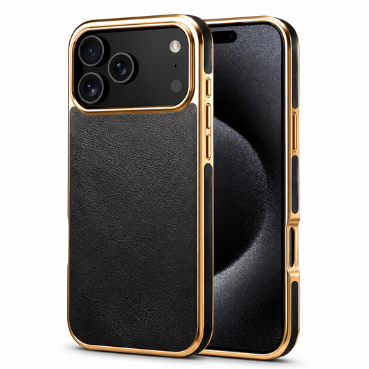 Front and rear views of a black leather-look phone case stand on white. Gold-colored trim frames the edges and broad camera panel above its textured back.