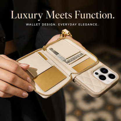 Hands display an open cream zippered phone wallet containing cash and gold-colored cards. The matching case below has a quilted surface and exposed rear camera lenses.